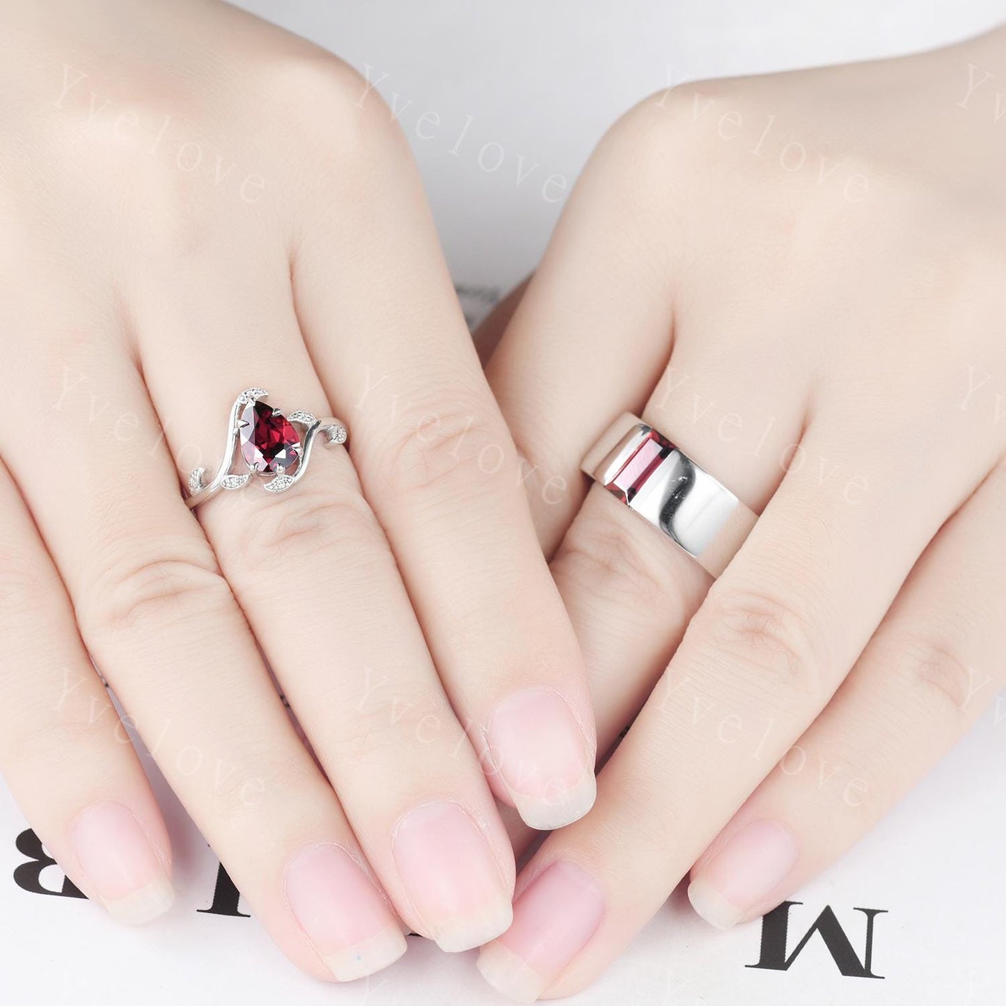 Vintage Red Garnet Couple Rings His and Hers Wedding Band Nature Inspired Garnet Couple Ring Set Sterling Silver Bridal Ring Promise Gift