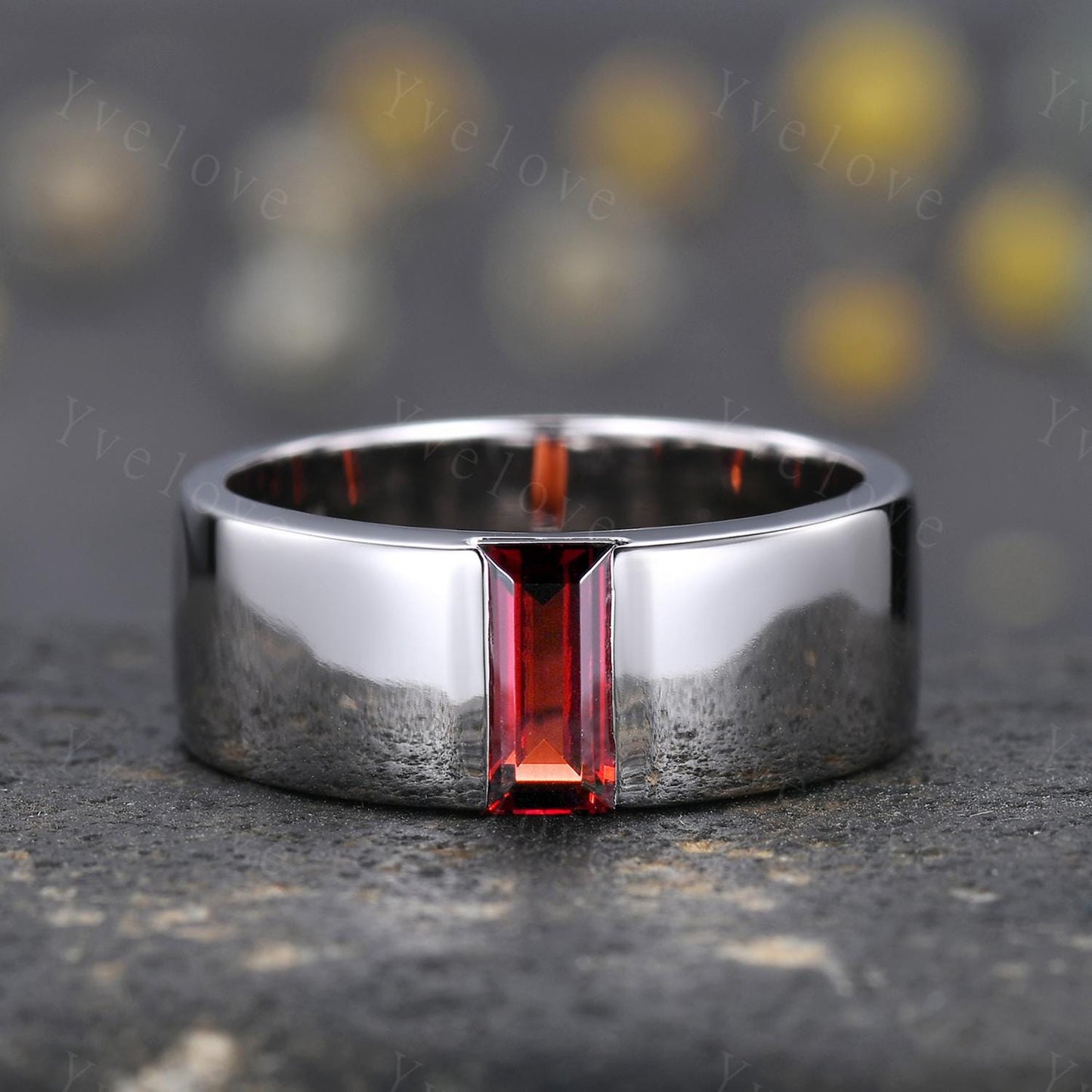 8mm Mens Garnet Wedding Band Baguette Red Garnet Band White Gold Ring Mens Plain Stacking Matching Band Retro Vintage Ring Mens For Gift