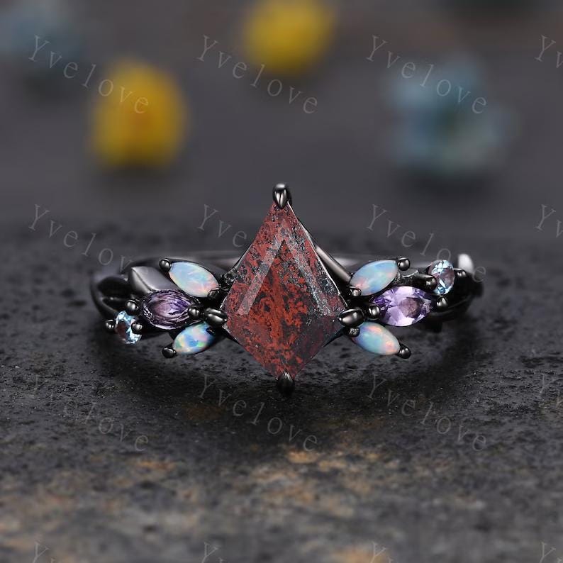 Vintage Kite Natural Bloodstone Engagement Ring Set,14k Black Gold,Vines Amethyst Opal Ring,Women Bridal Set,Unique Twig Promise Ring Gift