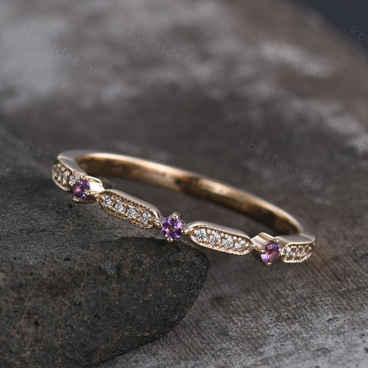 Dainty Amethyst Moissanite Wedding Band 14K Solid Gold Wedding Band Half Eternity Matching Band Stackable Minimalist Bridal Anniversary Ring