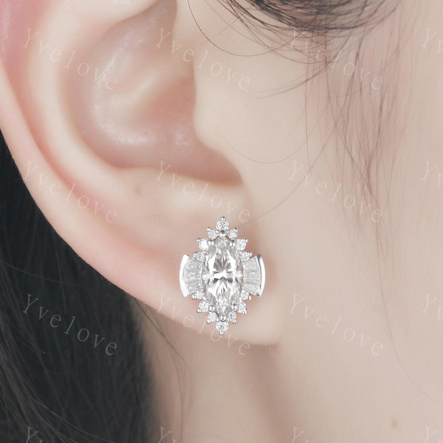 Art deco marquise lab created diamond earrings,Handmade halo earrings,CVD Diamond bridal unique studs earrings anniversary gift for her