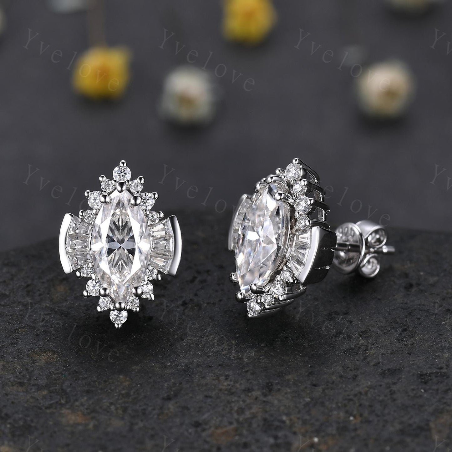 Art deco marquise lab created diamond earrings,Handmade halo earrings,CVD Diamond bridal unique studs earrings anniversary gift for her
