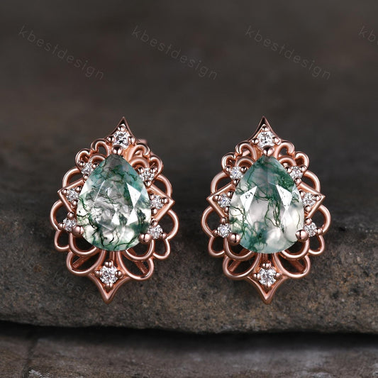 Vintage Moss Agate Earrings, Rose Gold Pear cut Vintage Earring Studs, Natural Moss Agate Jewelry, Unique Art Deco Bridal Promise Gift