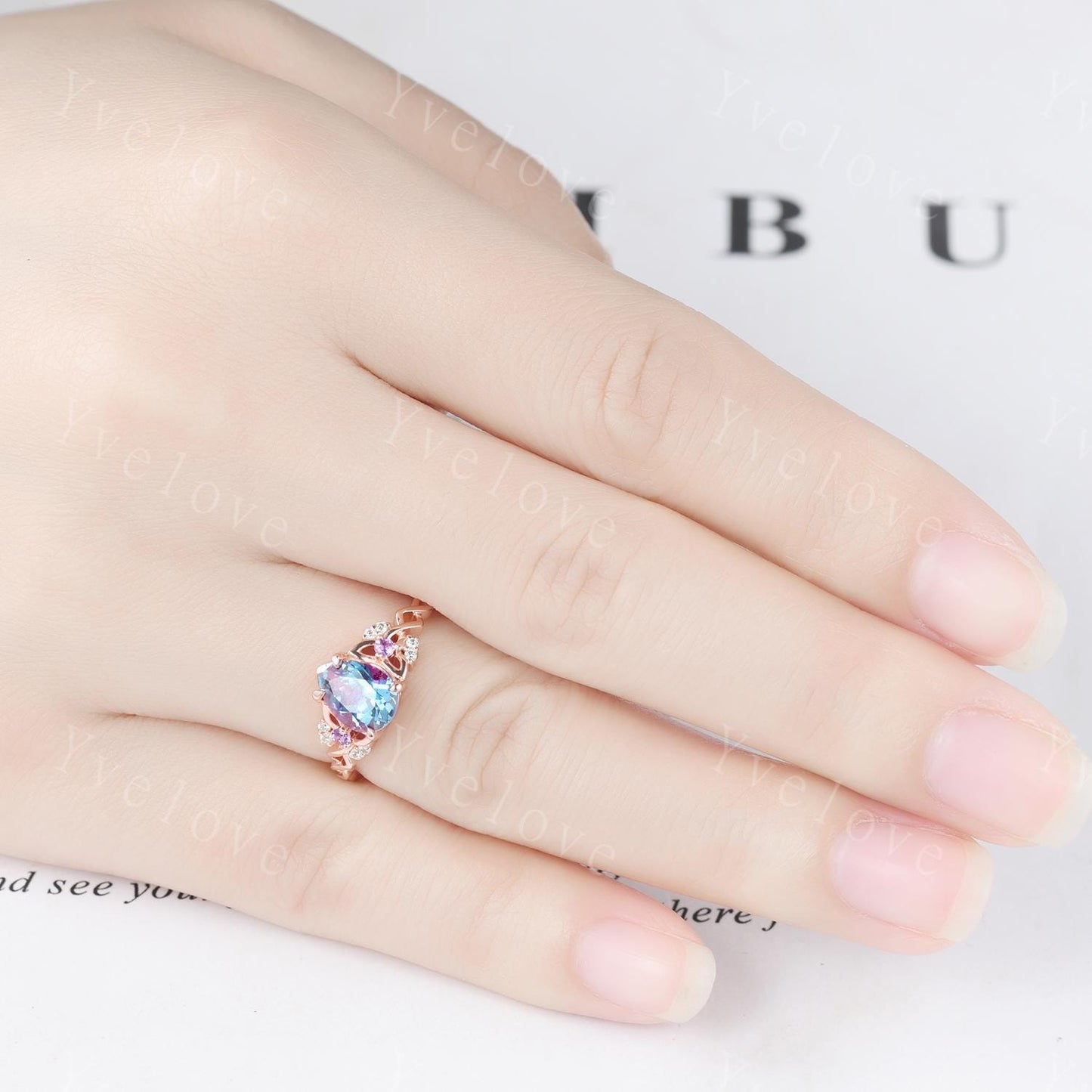 Unique Pear Alexandrite Engagement Ring Set Vintage Amethyst Diamond Ring Celtic Knot Promise Band Rose Gold Ring Gift For Her Bridal Set