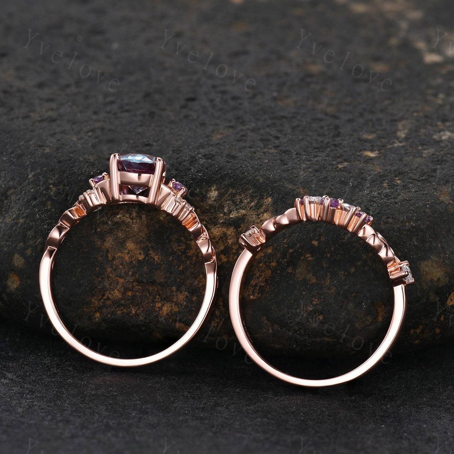 Unique Pear Alexandrite Engagement Ring Set Vintage Amethyst Diamond Ring Celtic Knot Promise Band Rose Gold Ring Gift For Her Bridal Set