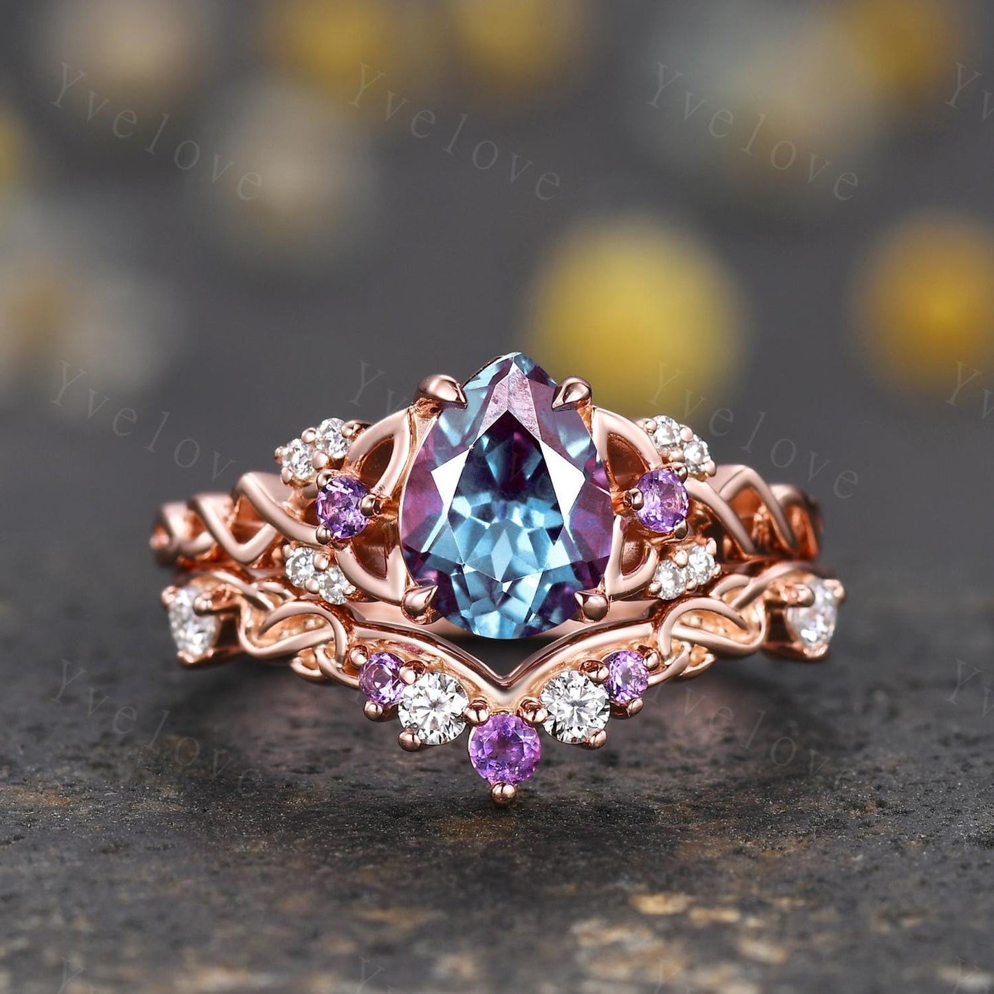 Unique Pear Alexandrite Engagement Ring Set Vintage Amethyst Diamond Ring Celtic Knot Promise Band Rose Gold Ring Gift For Her Bridal Set