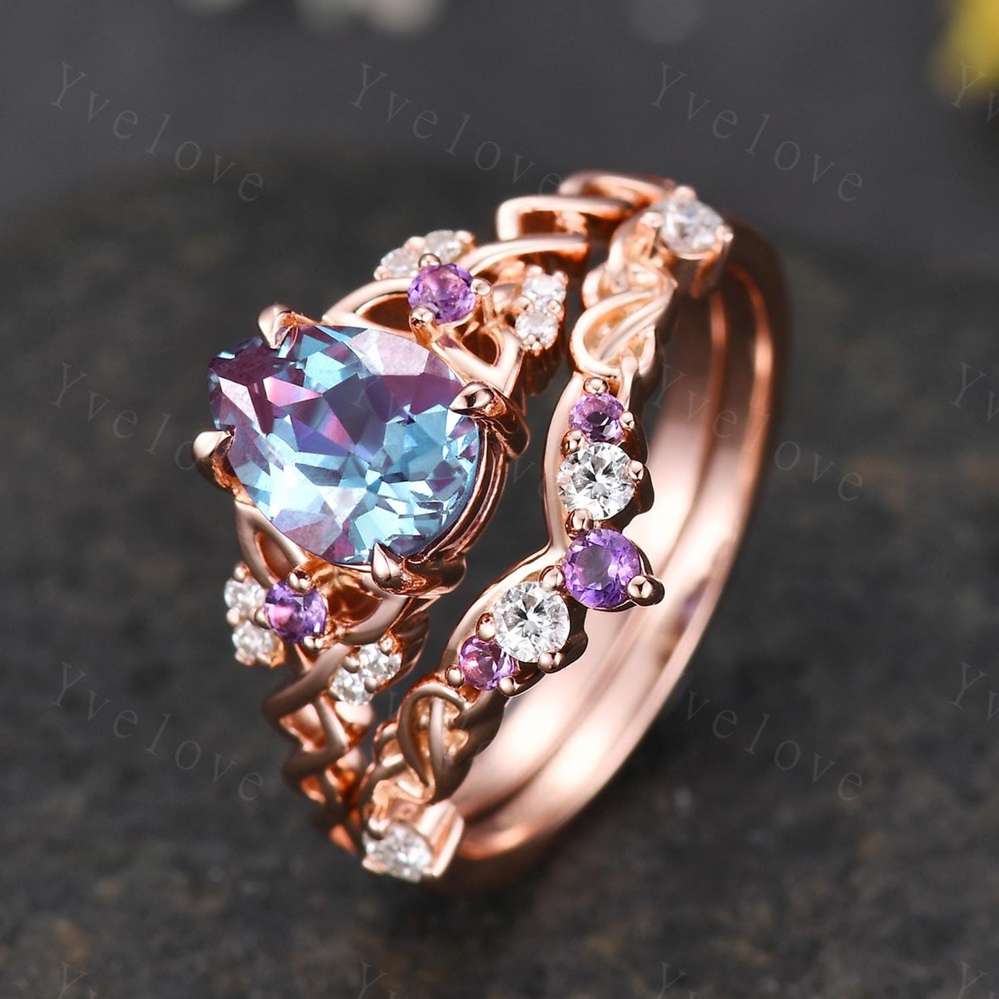 Unique Pear Alexandrite Engagement Ring Set Vintage Amethyst Diamond Ring Celtic Knot Promise Band Rose Gold Ring Gift For Her Bridal Set