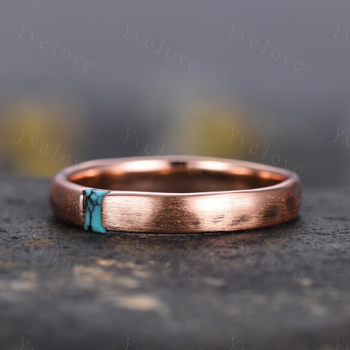 3mm Unisex Baguette Turquoise Wedding Band Natural Turquoise Band Rose Gold Ring Men Matter Stacking Matching Band Vintage Ring Gift For Her