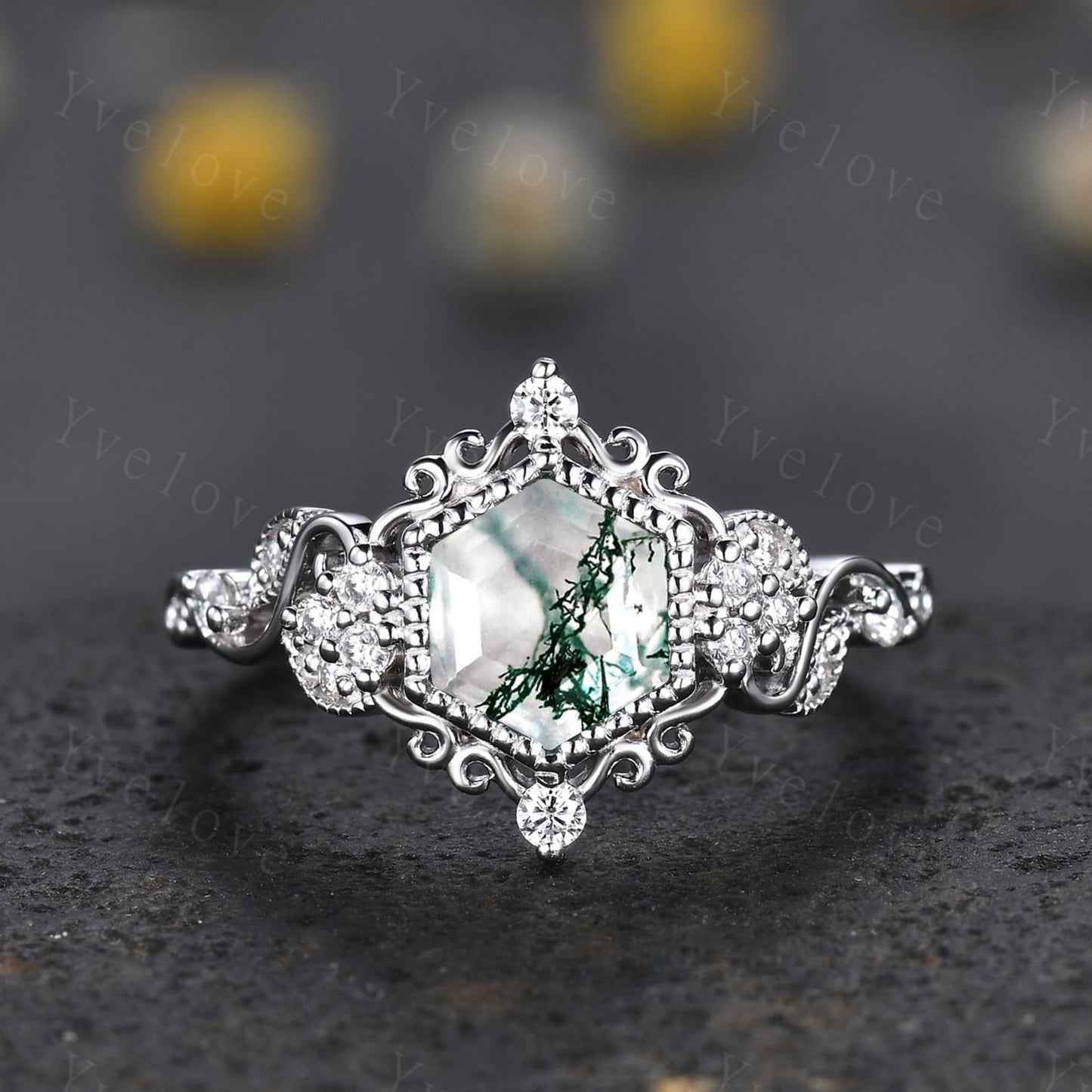 Unique Hexagon Moss Agate Engagement Ring 14K White Gold Ring Leaf Ring Vintage Diamond Ring Bridal Set Cluster Ring Promise Ring for Women