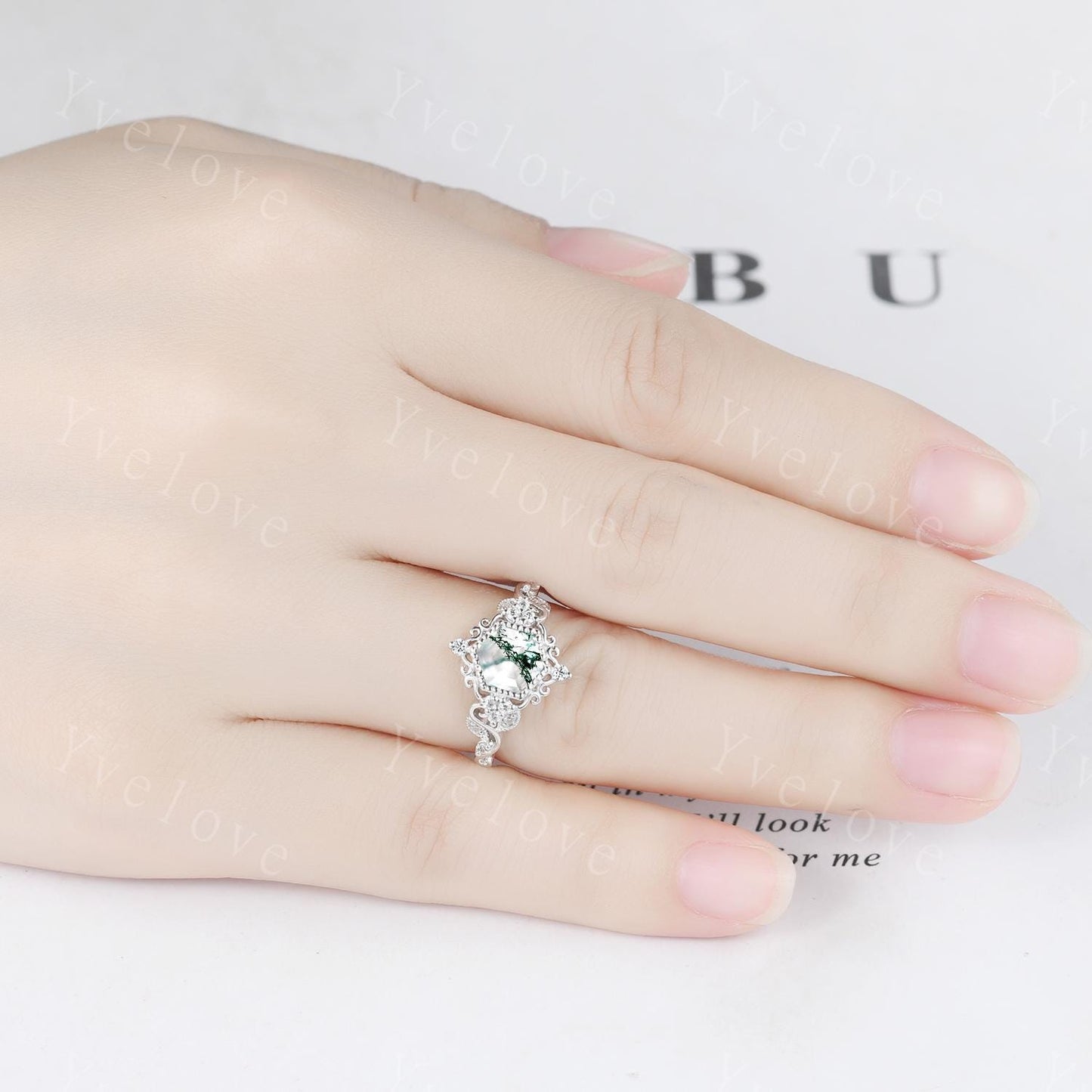 Unique Hexagon Moss Agate Engagement Ring Set White Gold Ring Leaf Ring Vintage Diamond Ring Bridal Set Cluster Ring Promise Ring for Women
