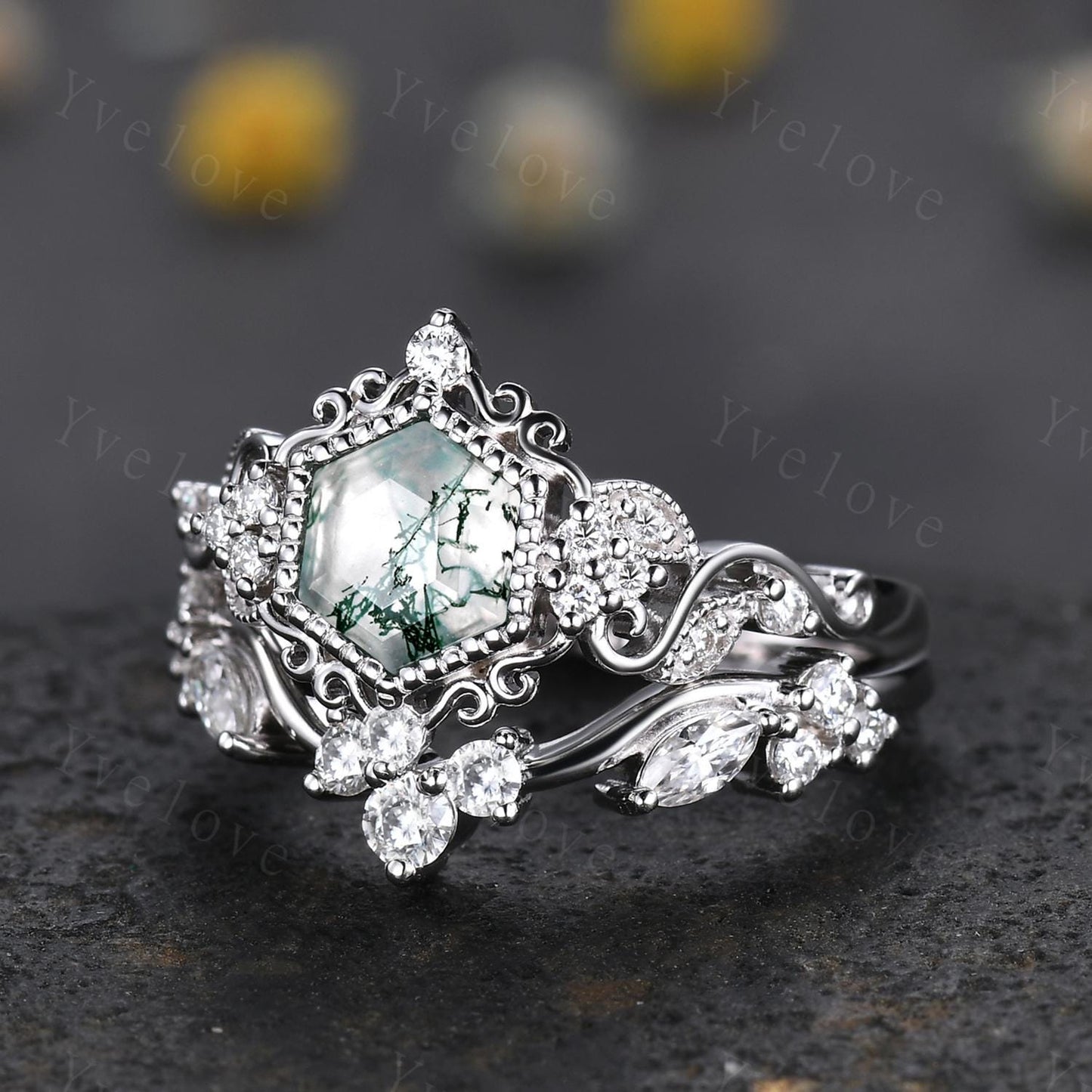Unique Hexagon Moss Agate Engagement Ring Set White Gold Ring Leaf Ring Vintage Diamond Ring Bridal Set Cluster Ring Promise Ring for Women