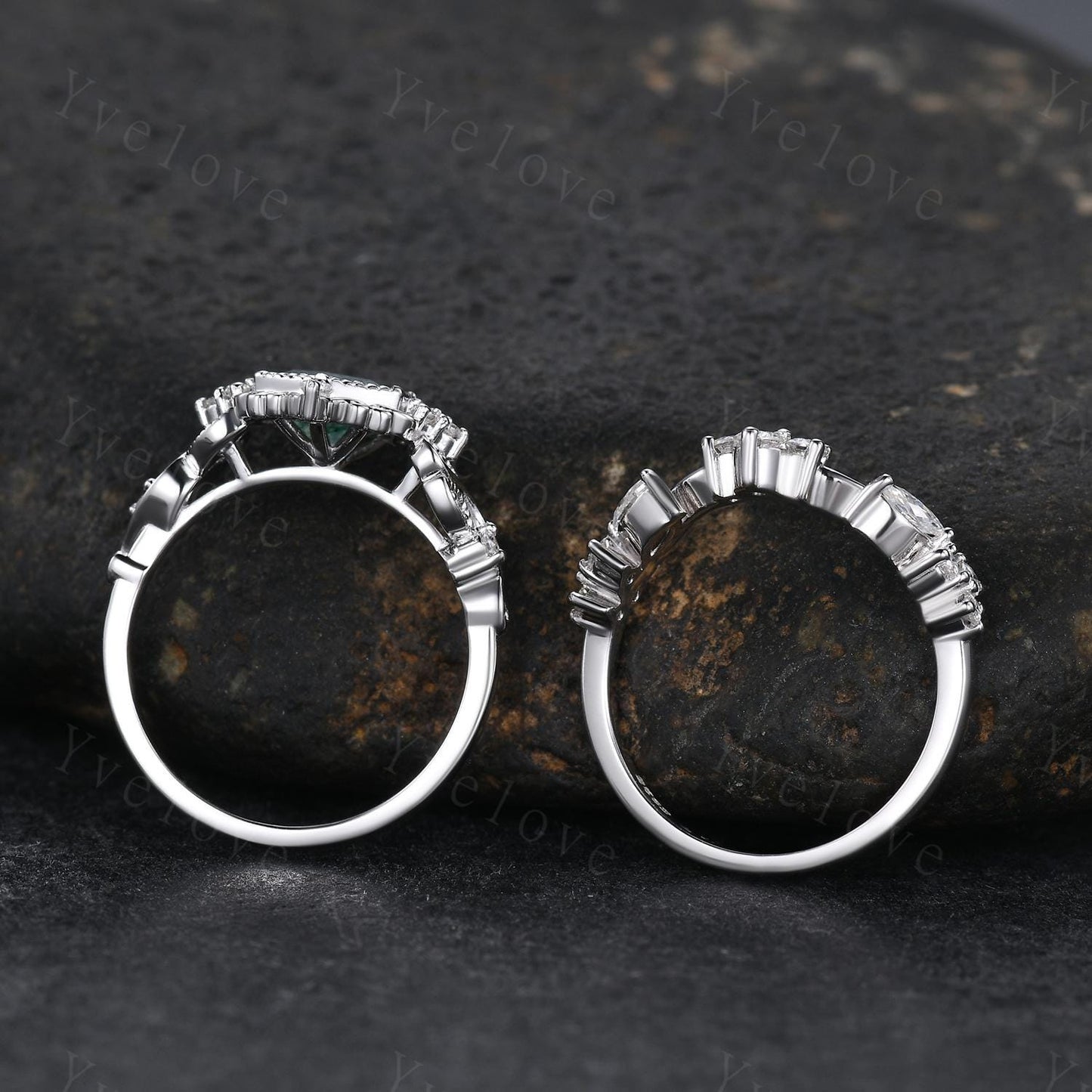 Unique Hexagon Moss Agate Engagement Ring Set White Gold Ring Leaf Ring Vintage Diamond Ring Bridal Set Cluster Ring Promise Ring for Women