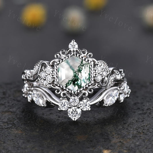 Unique Hexagon Moss Agate Engagement Ring Set White Gold Ring Leaf Ring Vintage Diamond Ring Bridal Set Cluster Ring Promise Ring for Women