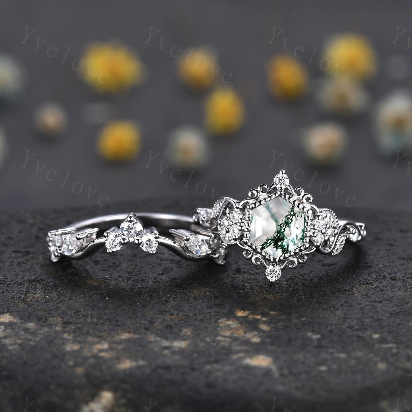 Unique Hexagon Moss Agate Engagement Ring Set White Gold Ring Leaf Ring Vintage Diamond Ring Bridal Set Cluster Ring Promise Ring for Women