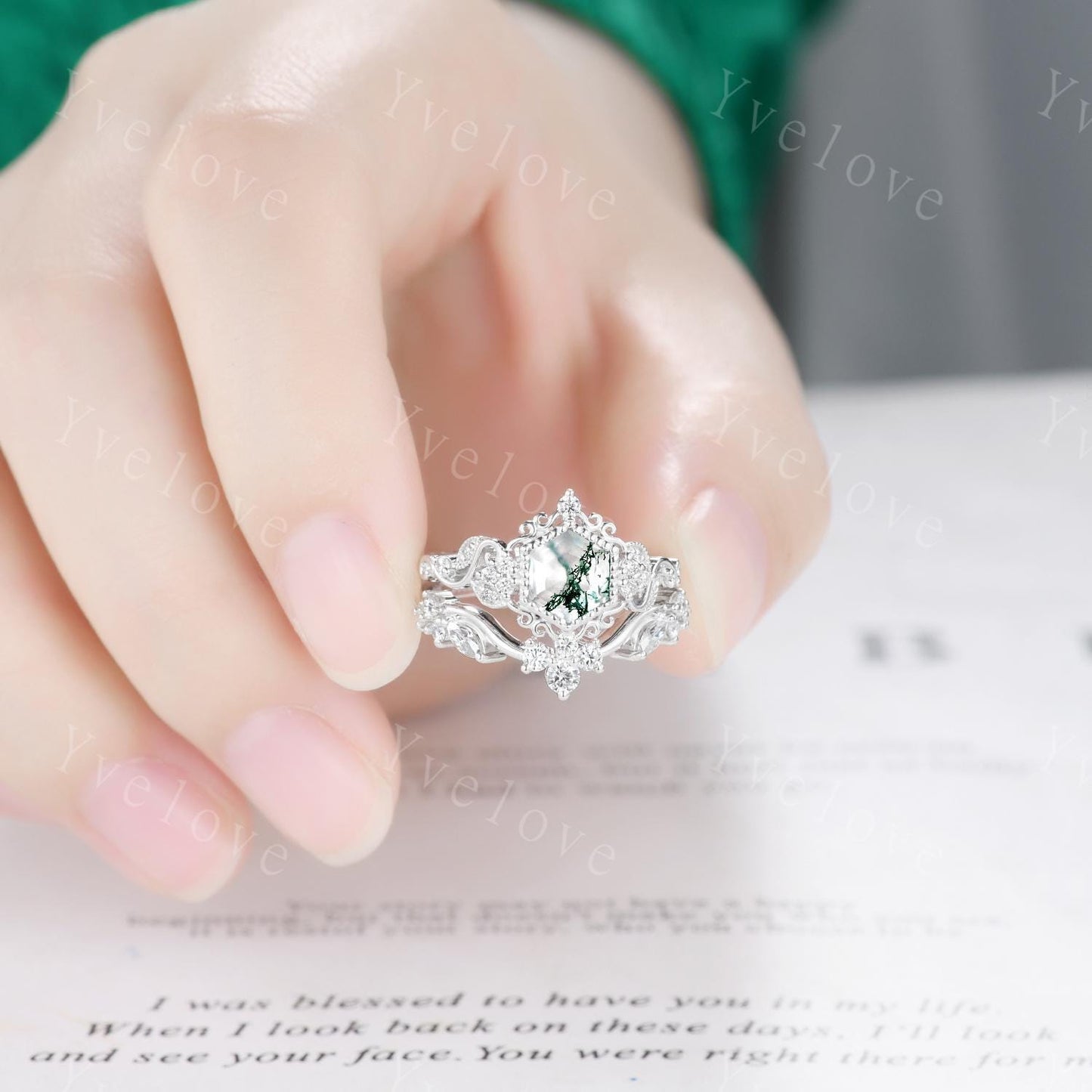 Unique Hexagon Moss Agate Engagement Ring Set White Gold Ring Leaf Ring Vintage Diamond Ring Bridal Set Cluster Ring Promise Ring for Women