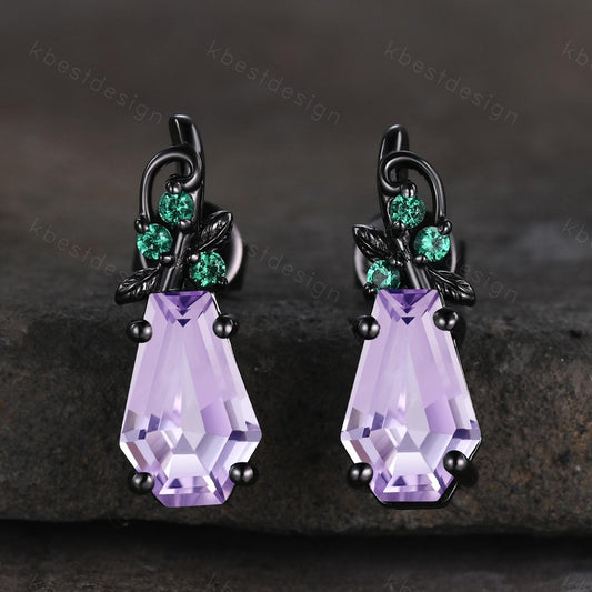 Nature inspired Lavender Amethyst earrings women black gold earring studs coffin cut earrings art deco twig studs anniversary gift for her