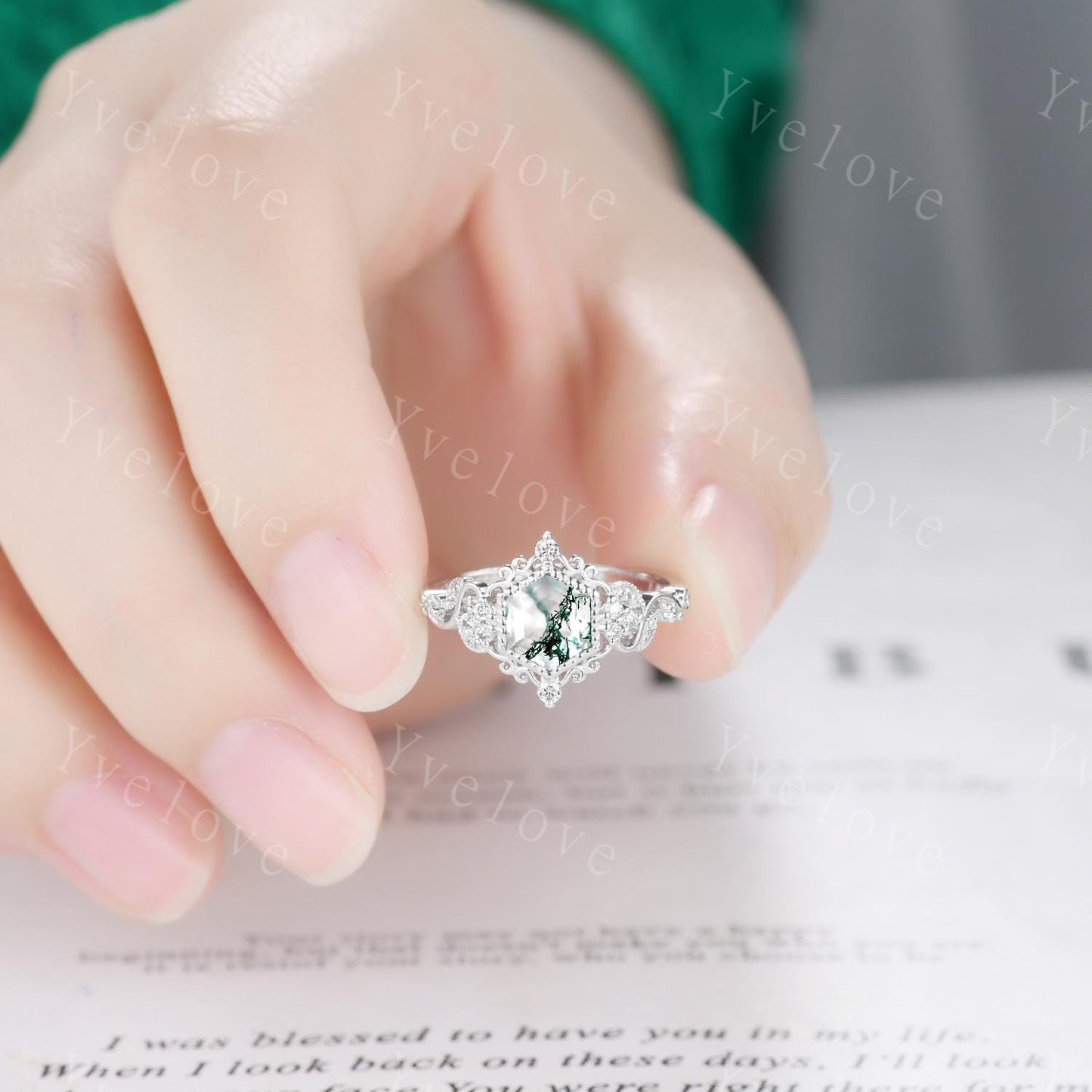 Unique Hexagon Moss Agate Engagement Ring Set White Gold Ring Leaf Ring Vintage Diamond Ring Bridal Set Cluster Ring Promise Ring for Women