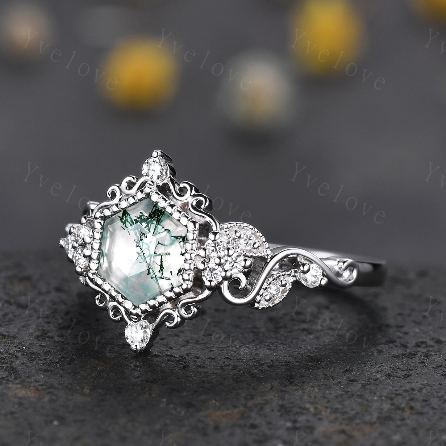 Unique Hexagon Moss Agate Engagement Ring 14K White Gold Ring Leaf Ring Vintage Diamond Ring Bridal Set Cluster Ring Promise Ring for Women