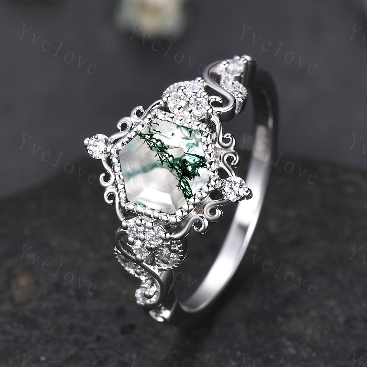 Unique Hexagon Moss Agate Engagement Ring 14K White Gold Ring Leaf Ring Vintage Diamond Ring Bridal Set Cluster Ring Promise Ring for Women