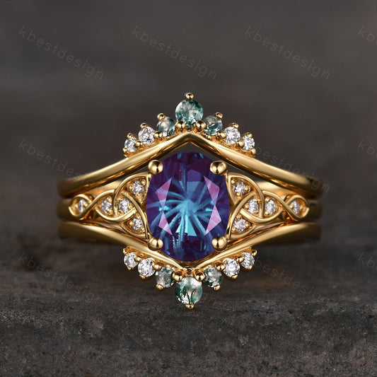 Fireworks cut Alexandrite engagement ring set yellow gold double curved moss agate stacking band unique celtic ring vintage bridal set