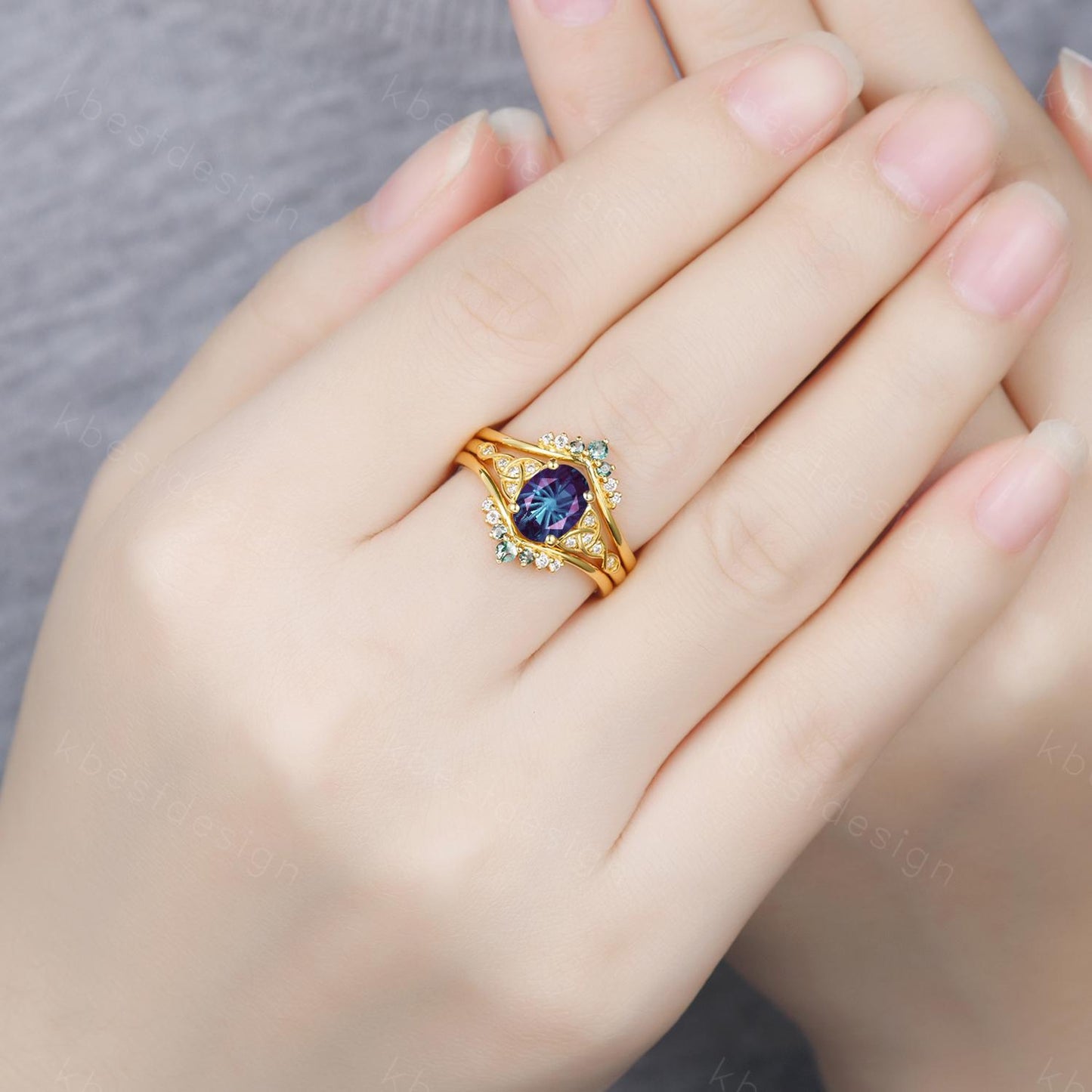 Fireworks cut Alexandrite engagement ring set yellow gold double curved moss agate stacking band unique celtic ring vintage bridal set