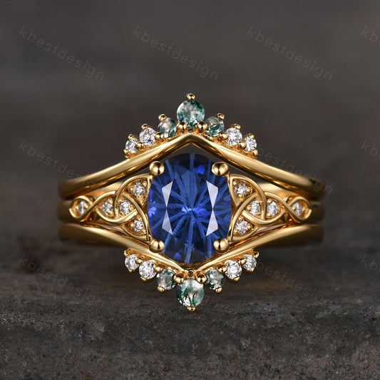 Fireworks Cut Blue Sapphire Engagement Ring Set Unique Double Curved Band 14K Solid Gold Promise Rings For Women Moss Agate Stacking Band