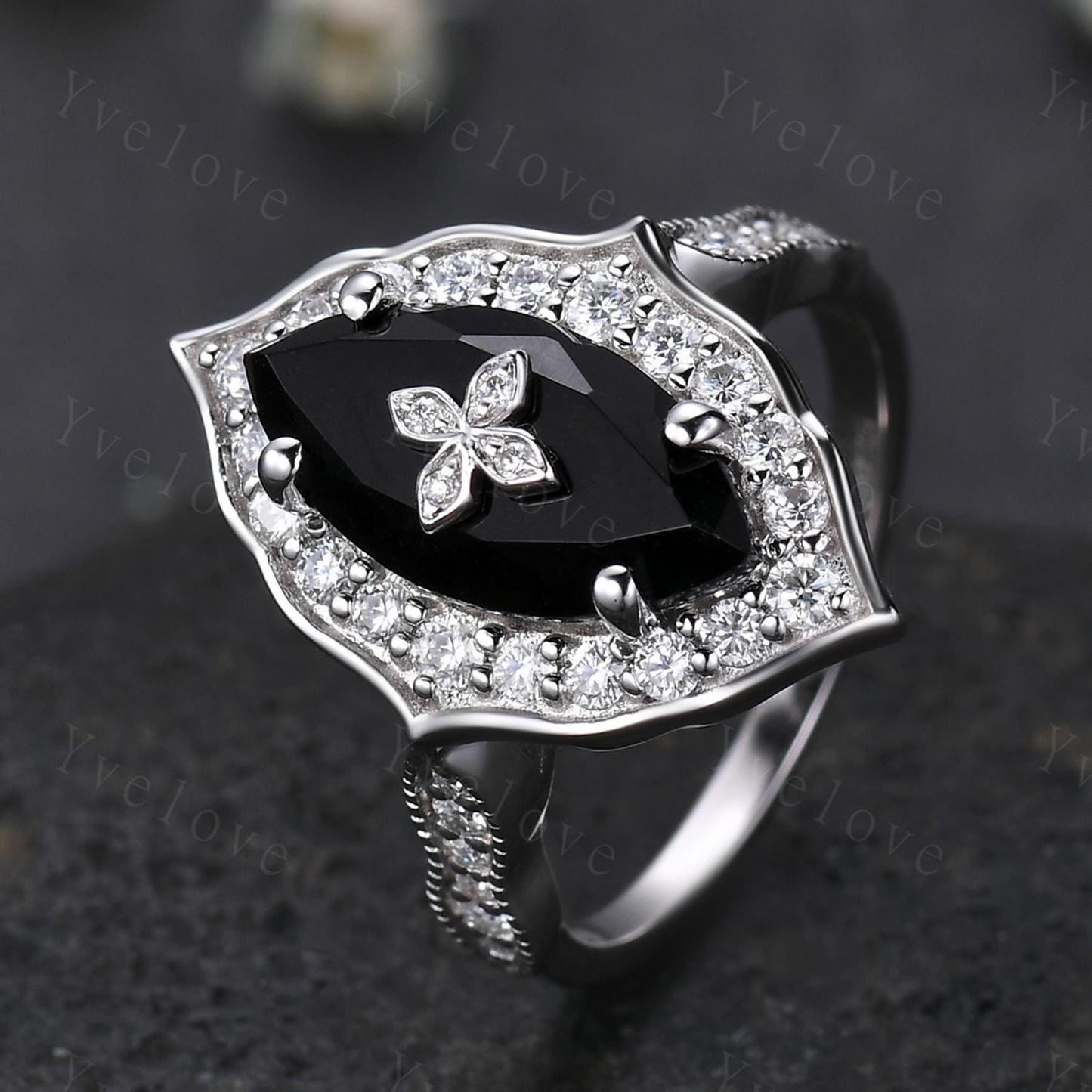 Antique Marquise Black Onyx Engagement Ring White Gold Flora Ring Vintage Diamond Ring Nature Black Onyx Ring Statement Ring Promise Gift