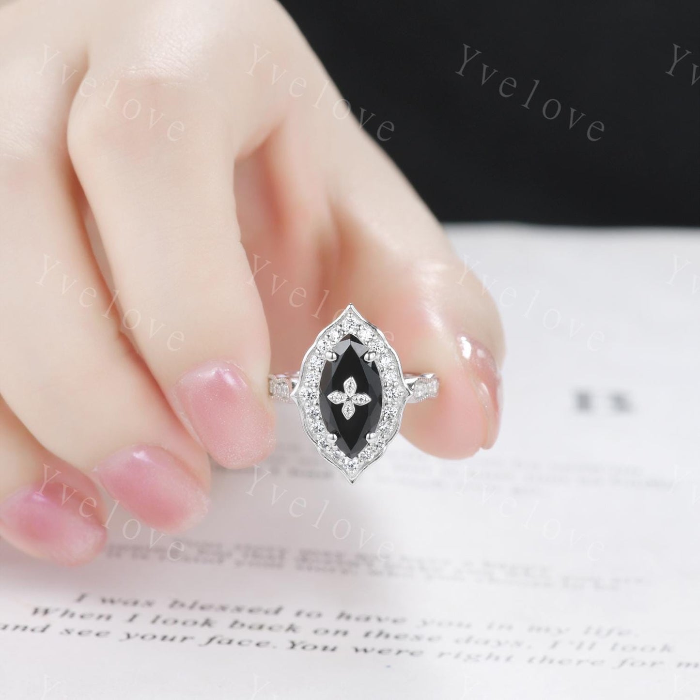 Antique Marquise Black Onyx Engagement Ring White Gold Flora Ring Vintage Diamond Ring Nature Black Onyx Ring Statement Ring Promise Gift