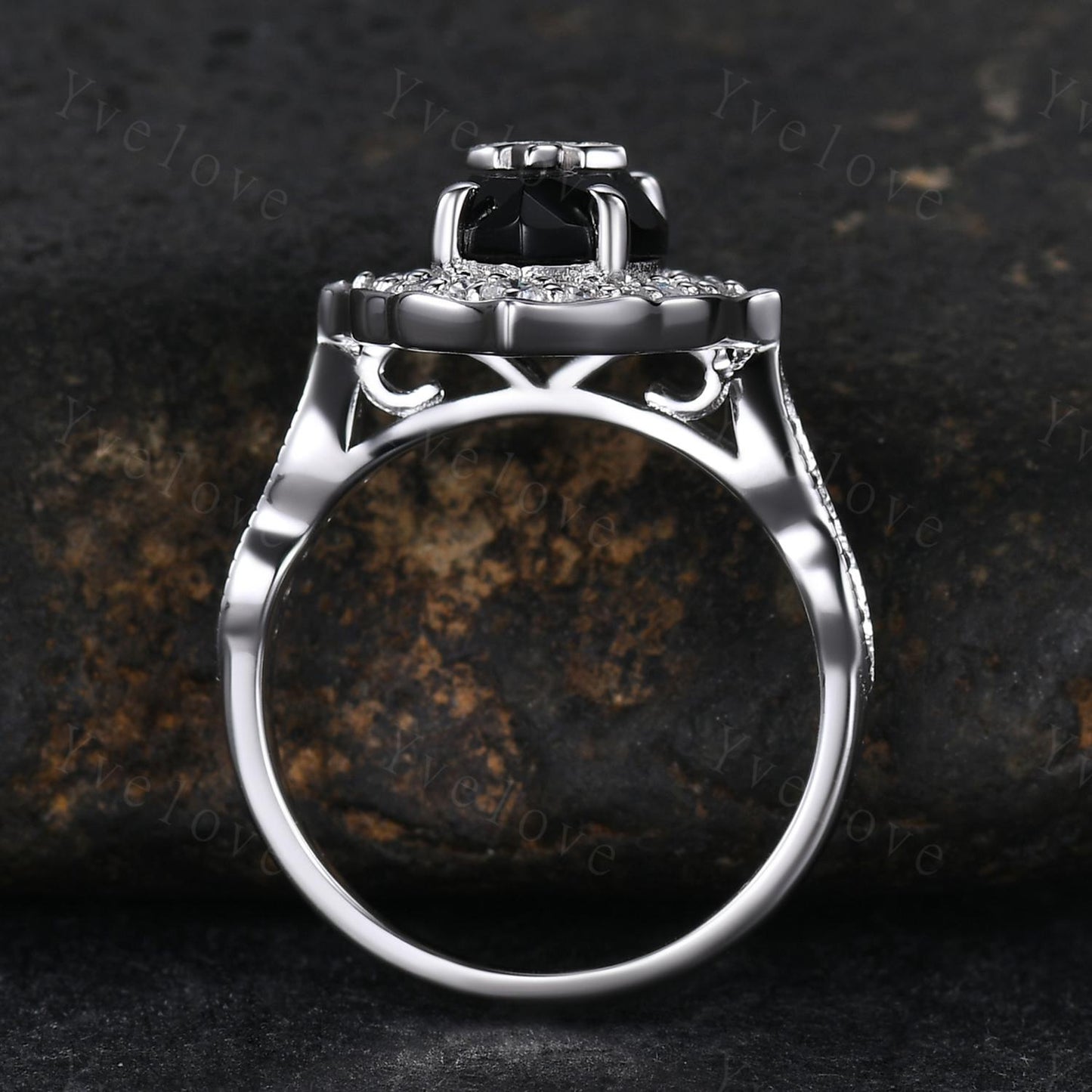 Antique Marquise Black Onyx Engagement Ring White Gold Flora Ring Vintage Diamond Ring Nature Black Onyx Ring Statement Ring Promise Gift