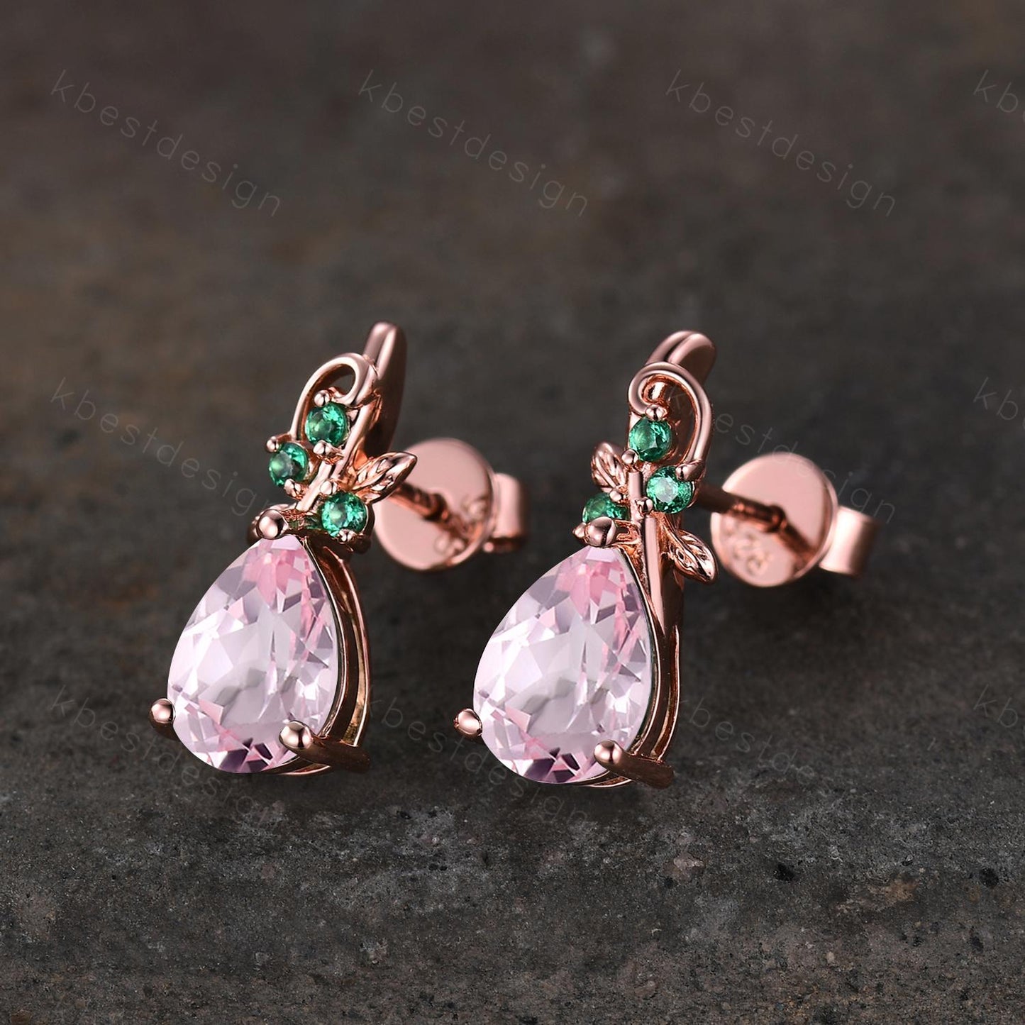 Nature inspired pink sapphire earrings women rose gold earring studs teardrop earrings art deco emerald studs anniversary gift for her