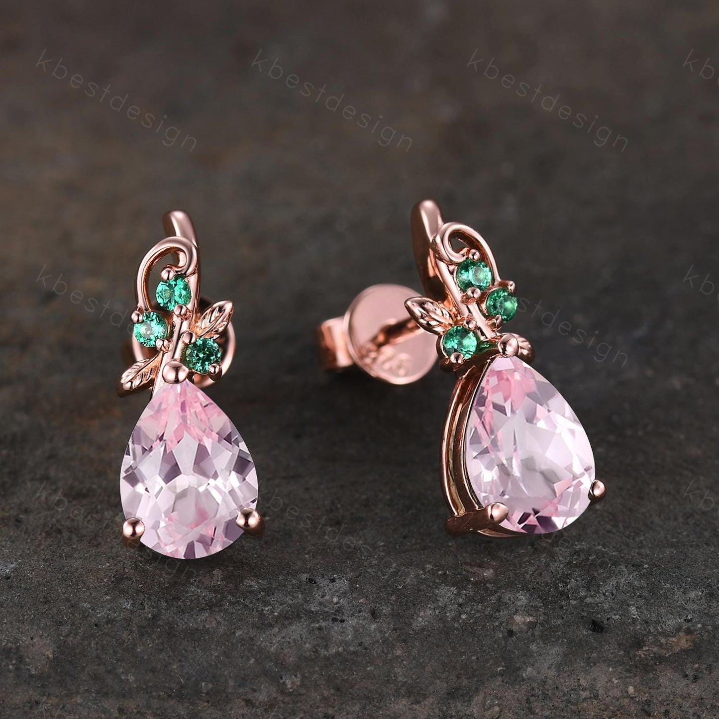 Nature inspired pink sapphire earrings women rose gold earring studs teardrop earrings art deco emerald studs anniversary gift for her