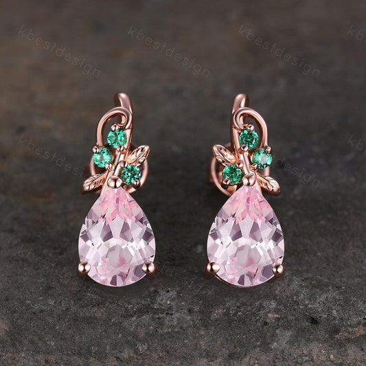 Nature inspired pink sapphire earrings women rose gold earring studs teardrop earrings art deco emerald studs anniversary gift for her
