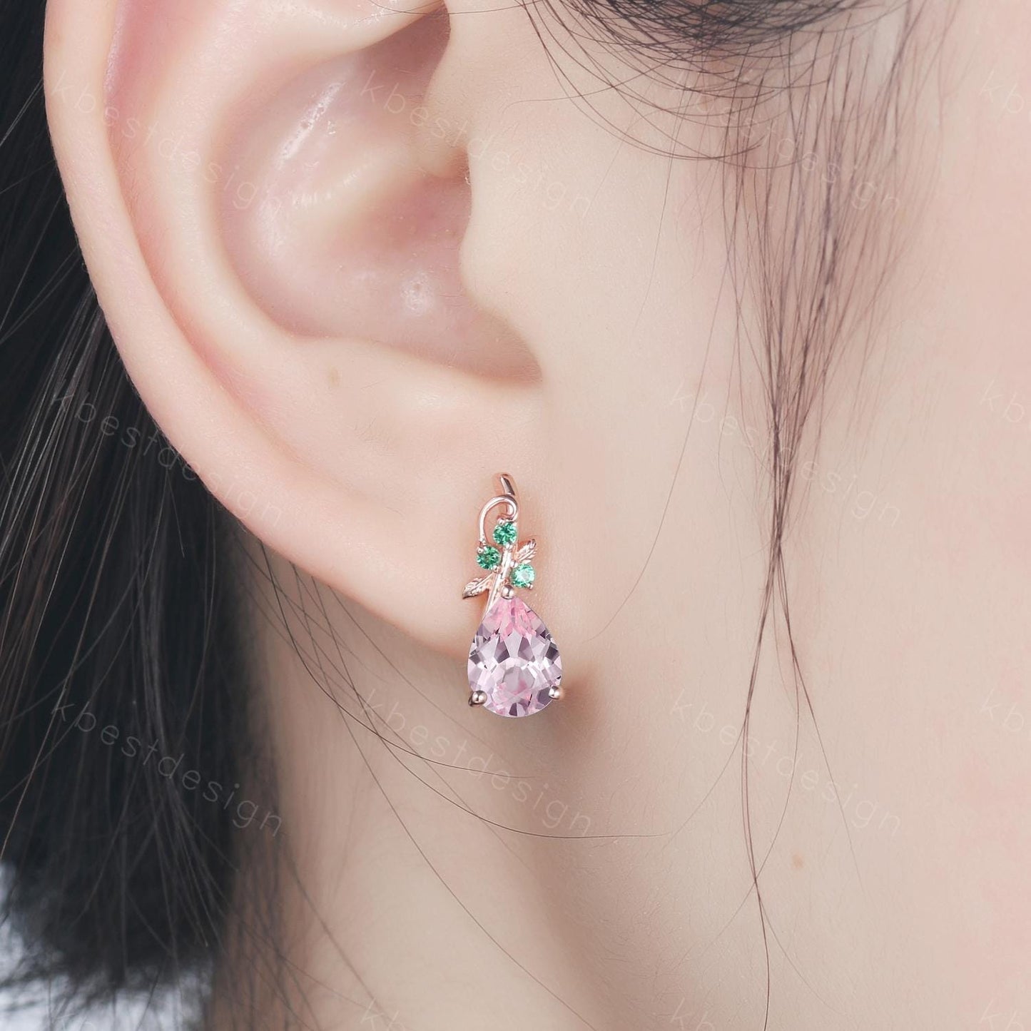 Nature inspired pink sapphire earrings women rose gold earring studs teardrop earrings art deco emerald studs anniversary gift for her