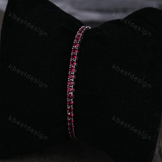 Unique 3mm Ruby Tennis Bracelet, 6.00TCW Round Cut Bracelet for Women, Wedding Jewelry, Dainty Silver Bracelet, Sparkling Gemstone Chain
