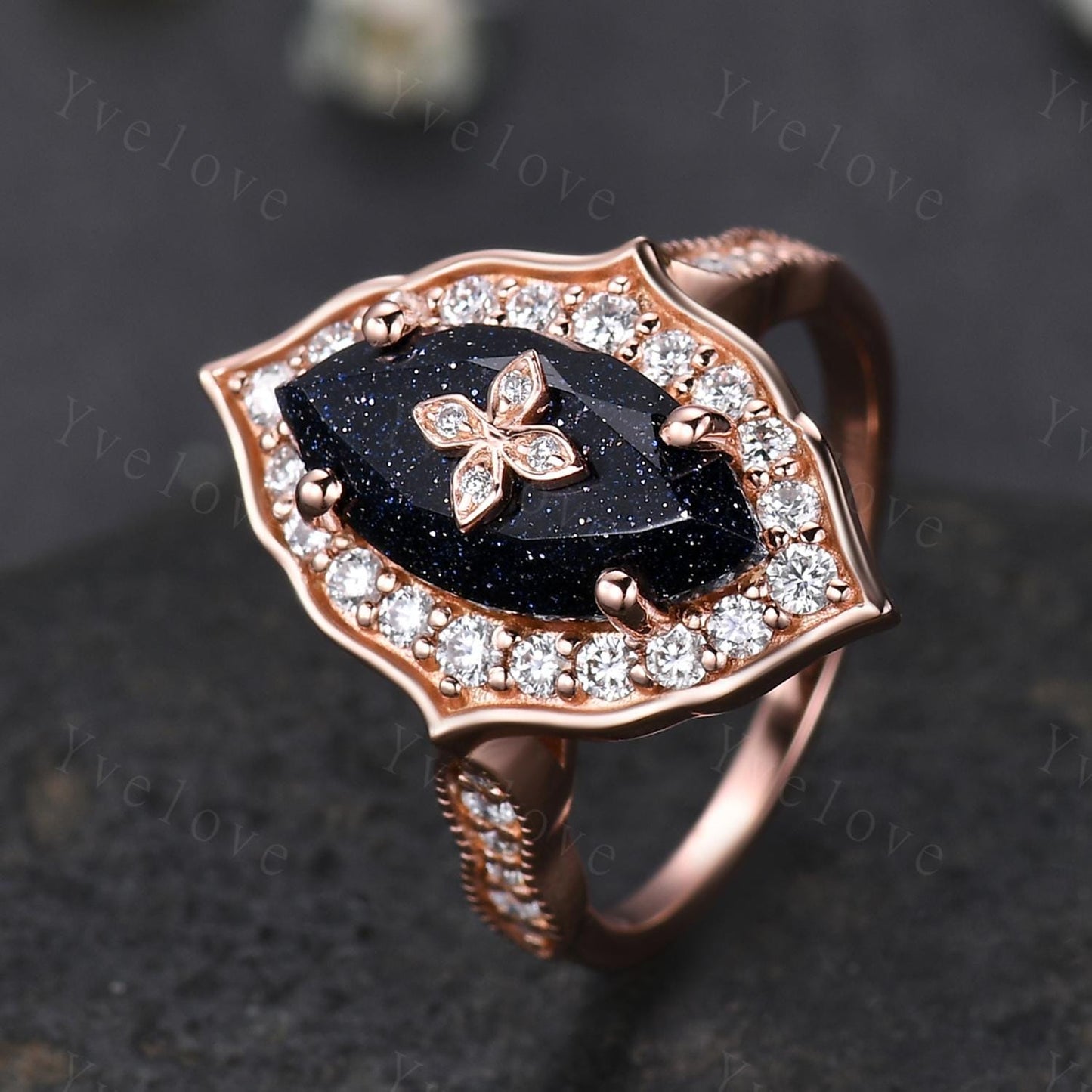 Antique Marquise Blue Sandstone Engagement Ring Rose Gold Flora Ring Vintage Diamond Ring  Nebula Galaxy Ring Statement Ring Promise Gift