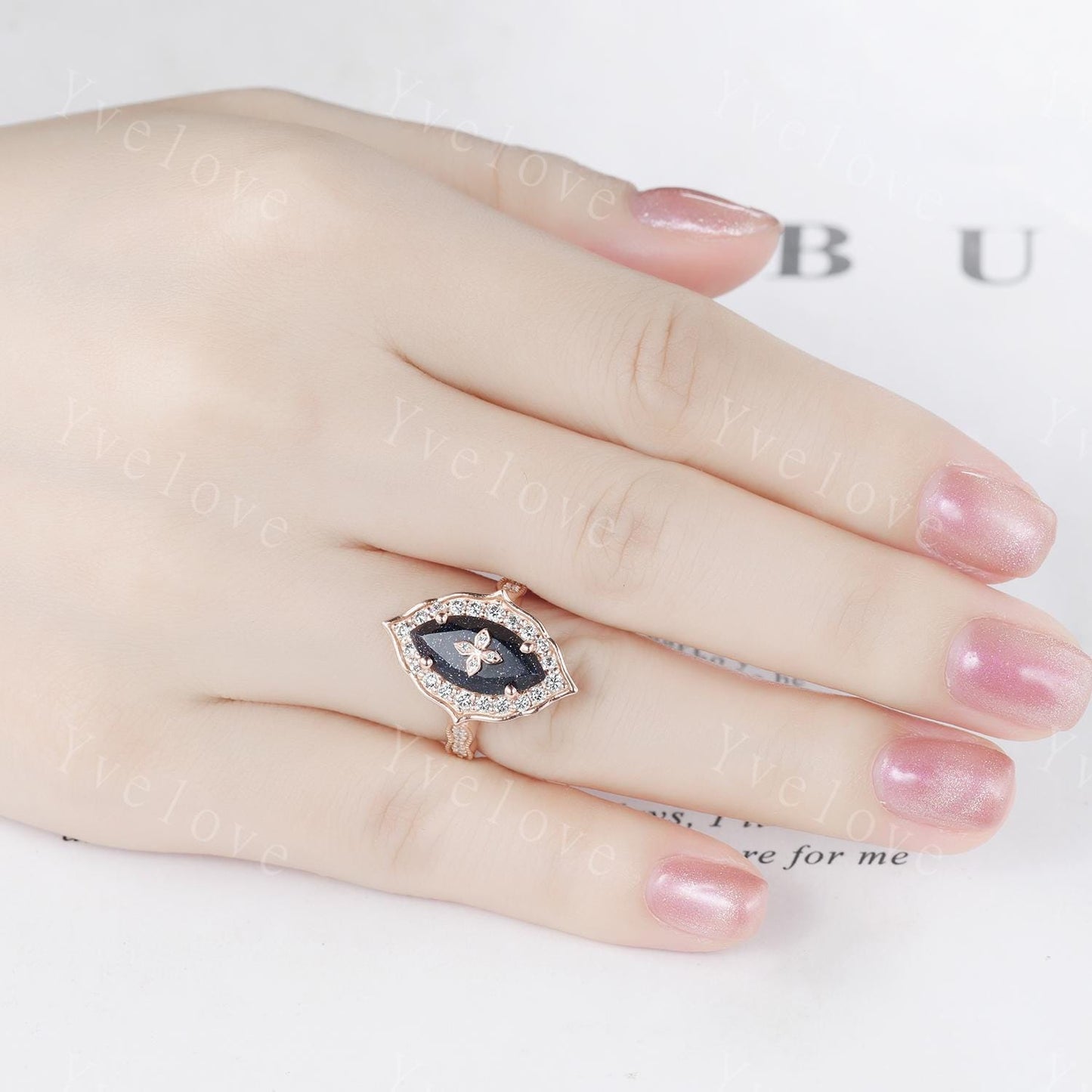 Antique Marquise Blue Sandstone Engagement Ring Rose Gold Flora Ring Vintage Diamond Ring  Nebula Galaxy Ring Statement Ring Promise Gift