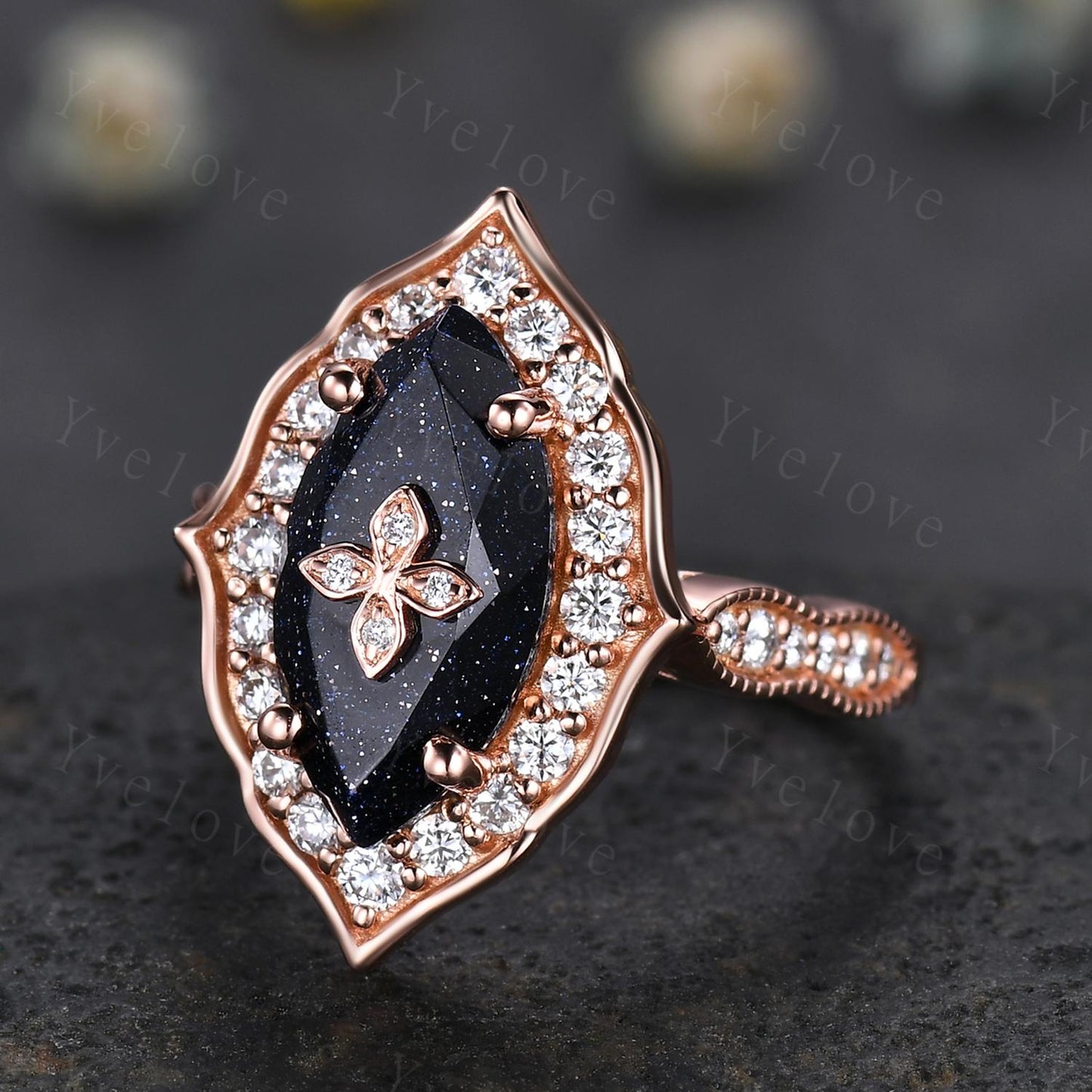 Antique Marquise Blue Sandstone Engagement Ring Rose Gold Flora Ring Vintage Diamond Ring  Nebula Galaxy Ring Statement Ring Promise Gift