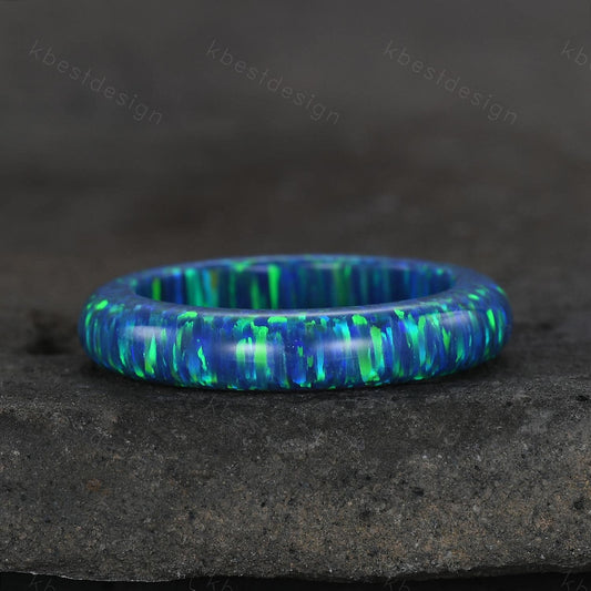 Aurora opal wedding band Blue green fire opal wedding band 4mm blue gemstone ring for women minimalist stacking band vintage engagement ring