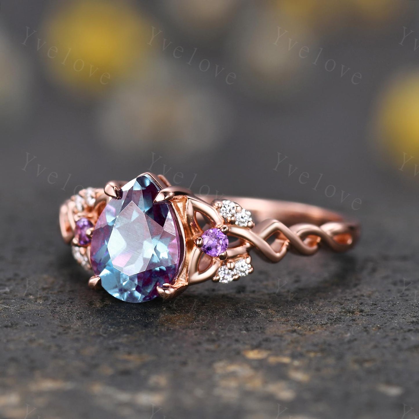 Unique Pear Alexandrite Engagement Ring Vintage Amethyst Diamond Ring Celtic Knot Promise Band 14k Rose Gold Ring Gift For Her Bridal Ring