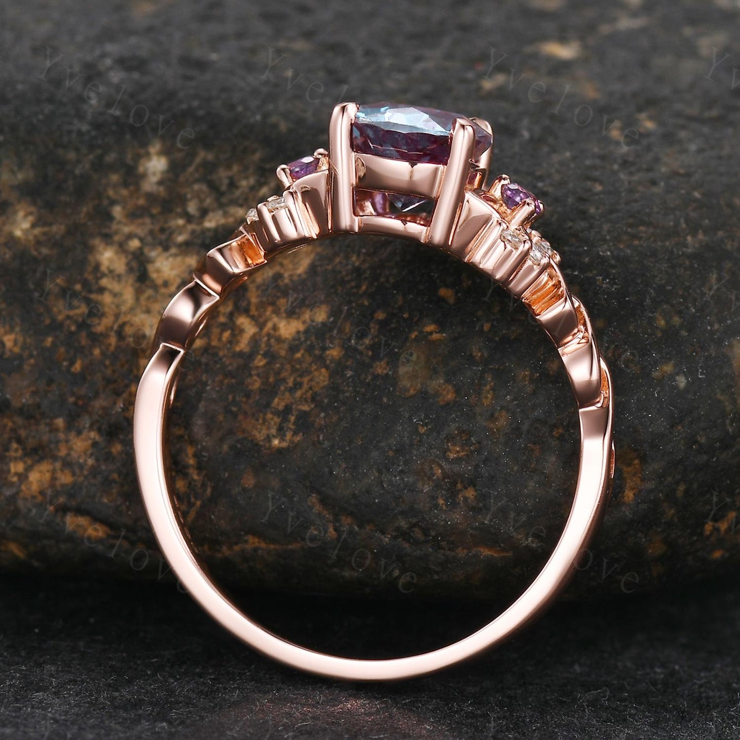 Unique Pear Alexandrite Engagement Ring Vintage Amethyst Diamond Ring Celtic Knot Promise Band 14k Rose Gold Ring Gift For Her Bridal Ring