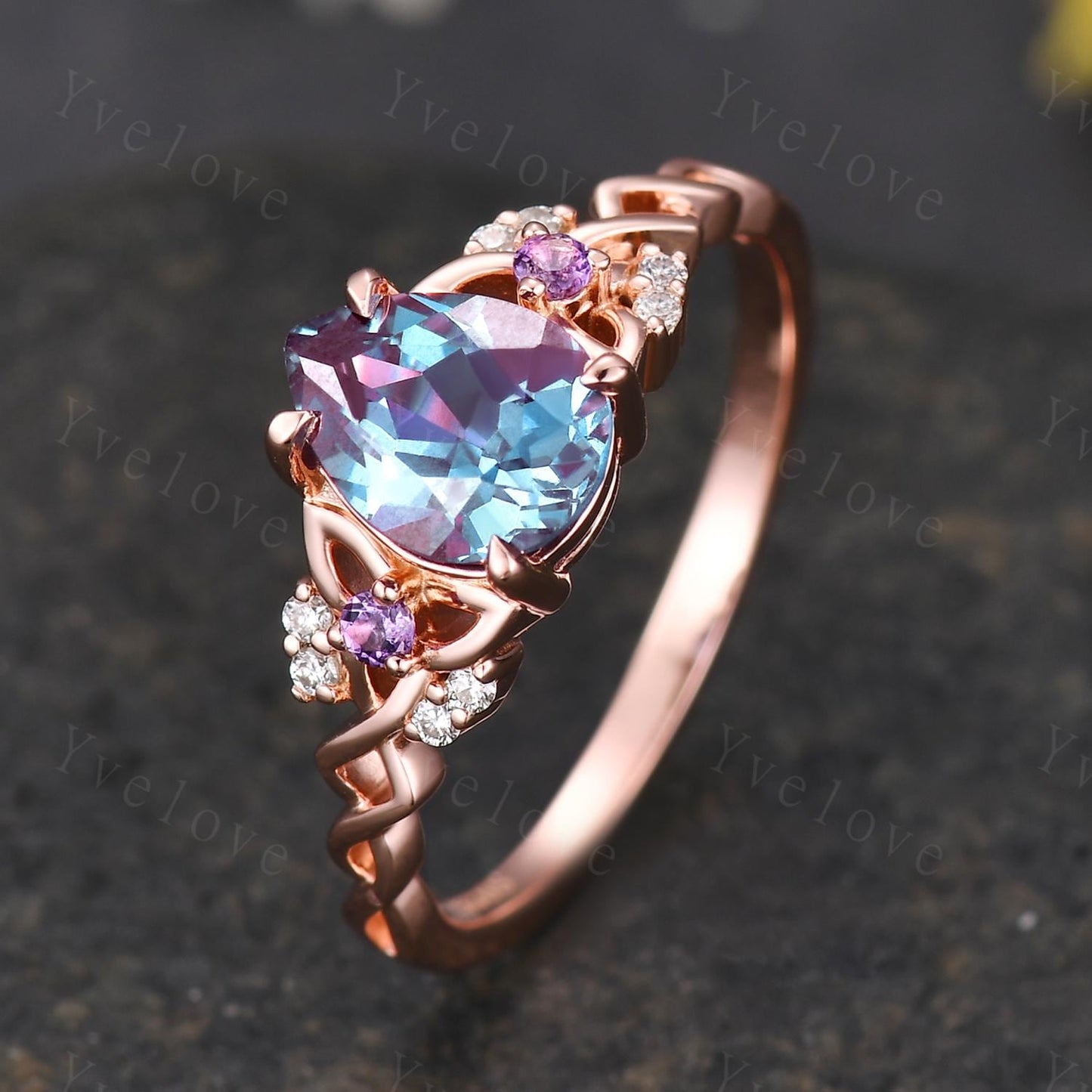 Unique Pear Alexandrite Engagement Ring Vintage Amethyst Diamond Ring Celtic Knot Promise Band 14k Rose Gold Ring Gift For Her Bridal Ring