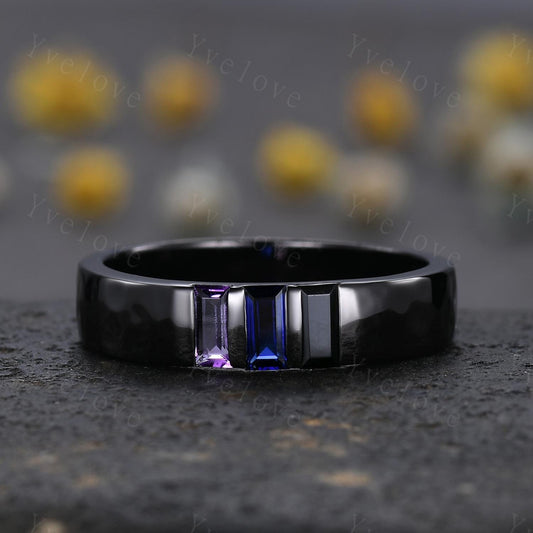 Retro Mens Baguette Cut Amethyst Sapphire Wedding Ring 5mm Black Onyx Hammered Band Black Gold Mens Stackable Matching Band Gift For Father