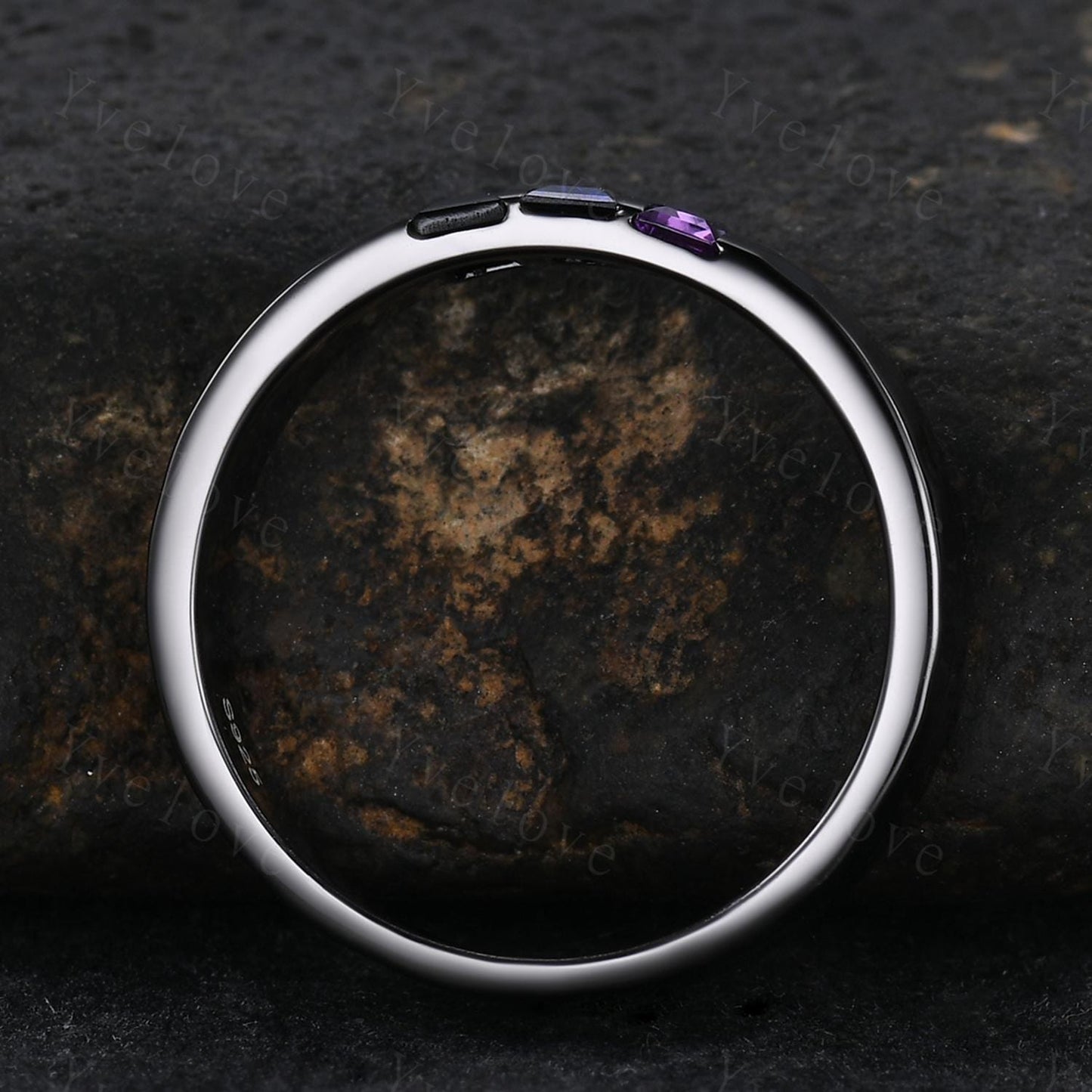 Retro Mens Baguette Cut Amethyst Sapphire Wedding Ring 5mm Black Onyx Hammered Band Black Gold Mens Stackable Matching Band Gift For Father
