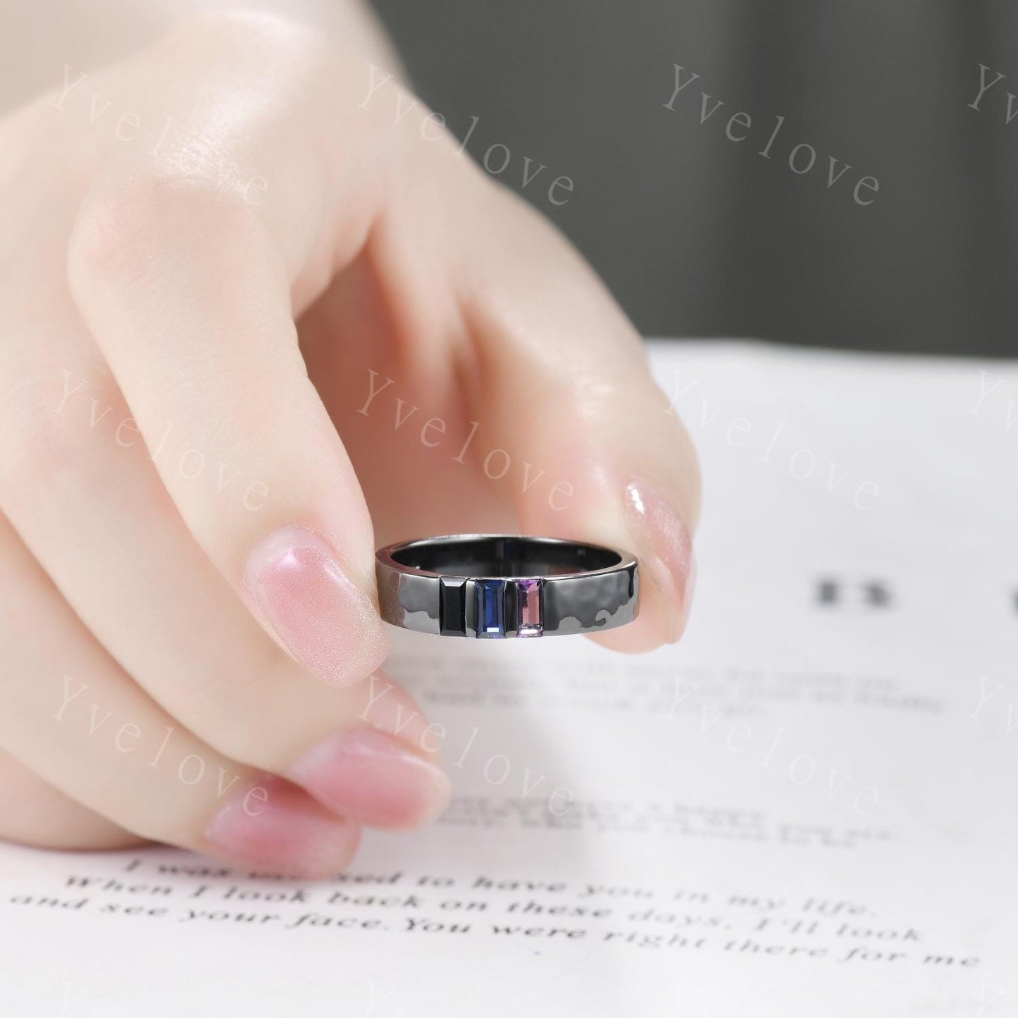Retro Mens Baguette Cut Amethyst Sapphire Wedding Ring 5mm Black Onyx Hammered Band Black Gold Mens Stackable Matching Band Gift For Father
