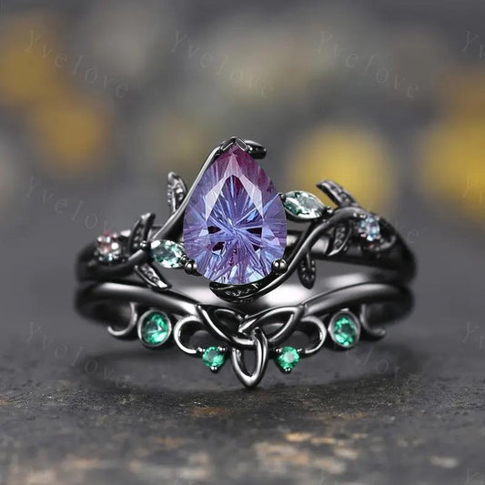 Firework Cut Alexandrite Engagement ring 14K Rose Gold Leaf Nature Inspired Bridal Sets Promise Ring Purple Gems Ring Jewelry gifts for her