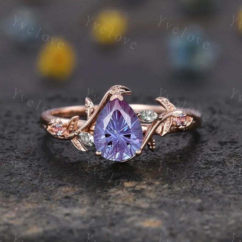 Firework Cut Alexandrite Engagement ring 14K Black Gold Leaf Nature Inspired Bridal Ring Promise Ring Purple Gems Ring Jewelry gifts for her