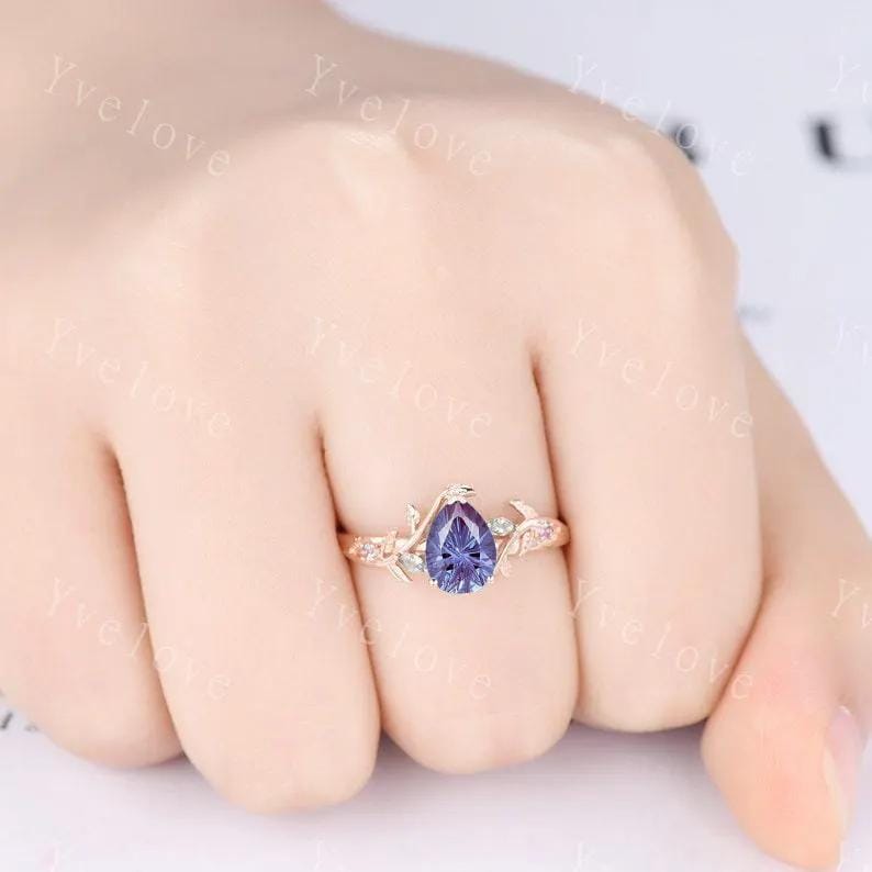 Firework Cut Alexandrite Engagement ring 14K Rose Gold Leaf Nature Inspired Bridal Sets Promise Ring Purple Gems Ring Jewelry gifts for her