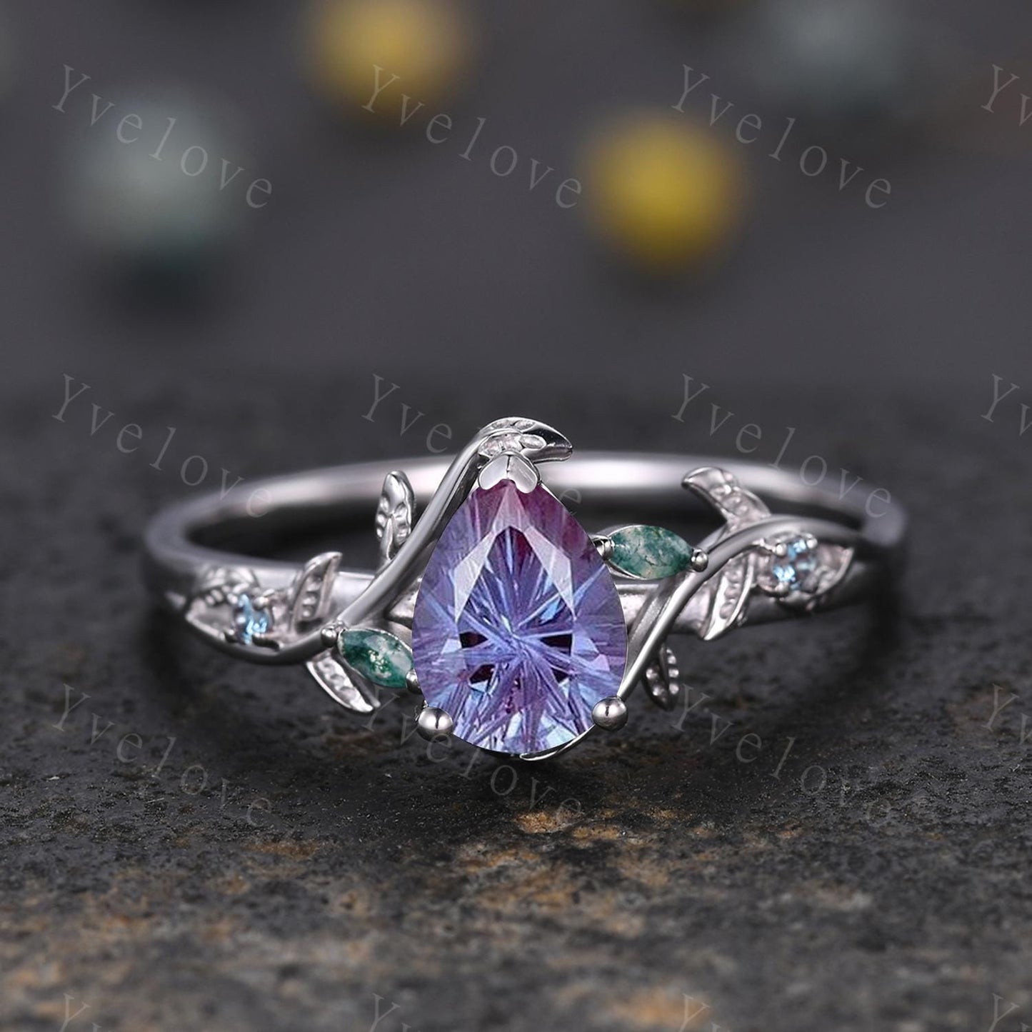 Firework Cut Alexandrite Engagement ring 14K Rose Gold Leaf Nature Inspired Bridal Sets Promise Ring Purple Gems Ring Jewelry gifts for her
