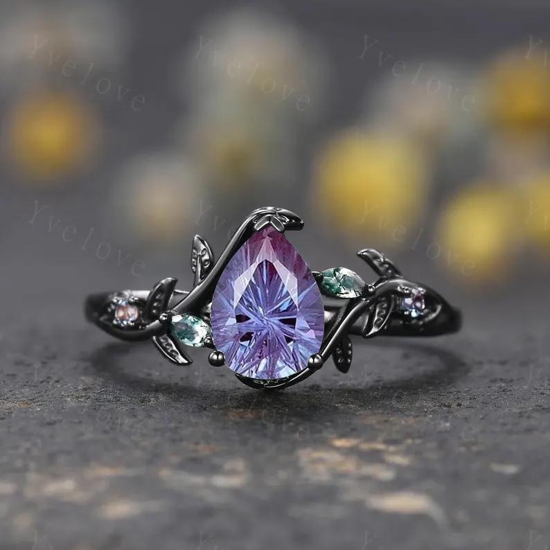 Firework Cut Alexandrite Engagement ring 14K Rose Gold Leaf Nature Inspired Bridal Sets Promise Ring Purple Gems Ring Jewelry gifts for her