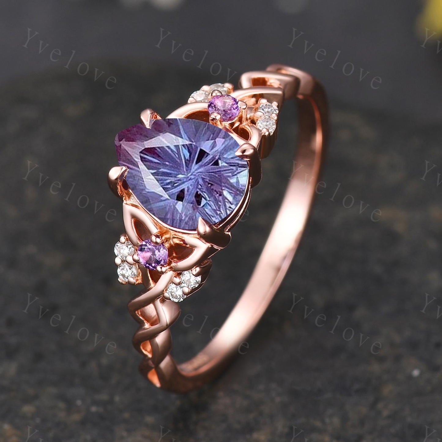 Unique Firework Cut Alexandrite Engagement Ring Set Vintage Amethyst Diamond Ring Celtic Knot Rose Gold Promise Ring Gift For Her Bridal Set